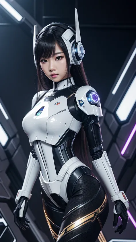 asian woman, tez blanca, korean, futuristic clothing, modern outfit provided, NO DEFORMATIONS, beautiful, robot, cyborg, android, light, laser, League of Legends, splah art, sexy, the payment, chrome, Metal, topless, FNAF, Animatronic, black and white, sha...