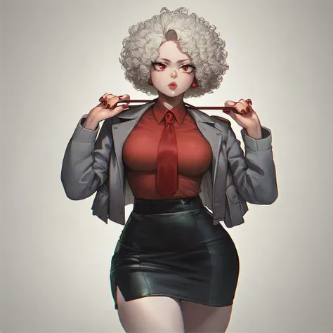 score_9, score_8_up, score_7_up, score_6_up, score_5_up, score_4_up, 1Girl, (/Boku no hero academia/), White skin, Short curly hair, Red eyes with long eyelashes, Round cherry lips, Large breasts, Wide hips, Nail clothes, Gray jacket with red tie, Skirt, S...