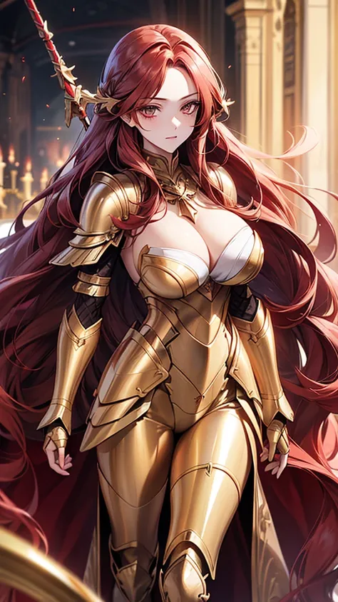 woman, long hair,, Golden Armor, Sagittarius Armor, very long hair, (long hair), long hair, (((Red hair))), (((Red hair))), Detailed images, Super definition, 16K, looking at camera, wing, Golden armor, helmet, Sagittarius Armor，Huge breasts，cleavage，silve...