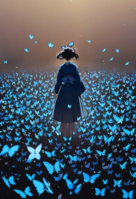 Black background. Distant view. A woman in a Meiji-era kimono stands staring in front of her with a gun at the ready. Around her, a flock of blue butterflies flit about like a storm.