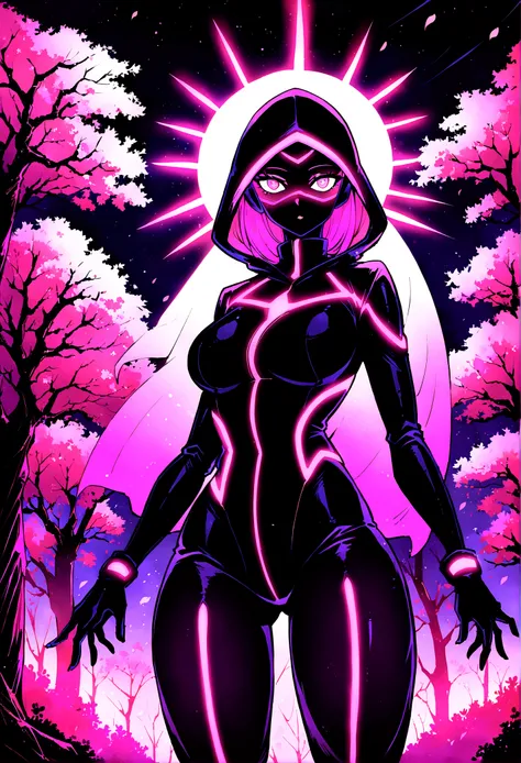 Neon, ( a girl wearing a dark black ninja suit with hood), leather suit, suit that emanates bright pink light, bright pink eyes, very detailed eyes, white hair, perfect anatomy, ((Japanese cherry trees in the background)), the Trees have luminous leaves an...