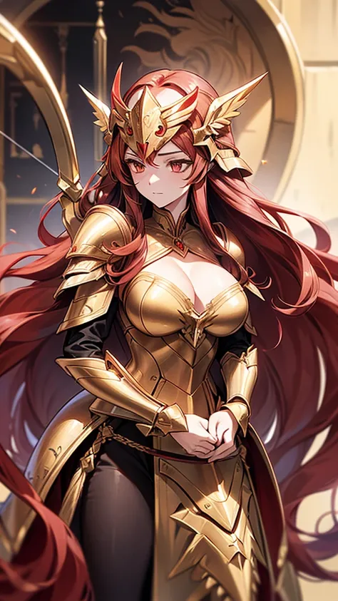 woman, long hair,, Golden Armor, Sagittarius Armor, very long hair, (long hair), long hair, (((Red hair))), (((Red hair))), Detailed images, Super definition, 16K, looking at camera, wing, Golden armor, helmet, Sagittarius Armor，Huge breasts，cleavage，silve...