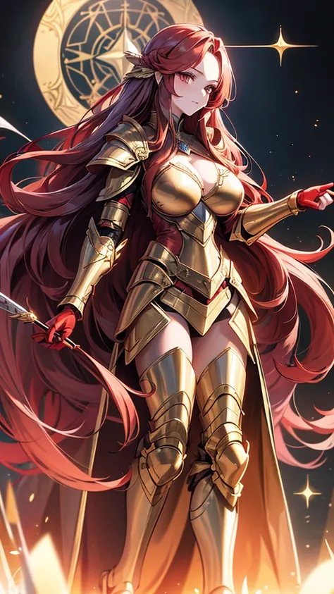 woman, long hair,, Golden Armor, Sagittarius Armor, very long hair, (long hair), long hair, (((Red hair))), (((Red hair))), Detailed images, Super definition, 16K, looking at camera, wing, Golden armor, helmet, Sagittarius Armor，Huge breasts，cleavage，silve...