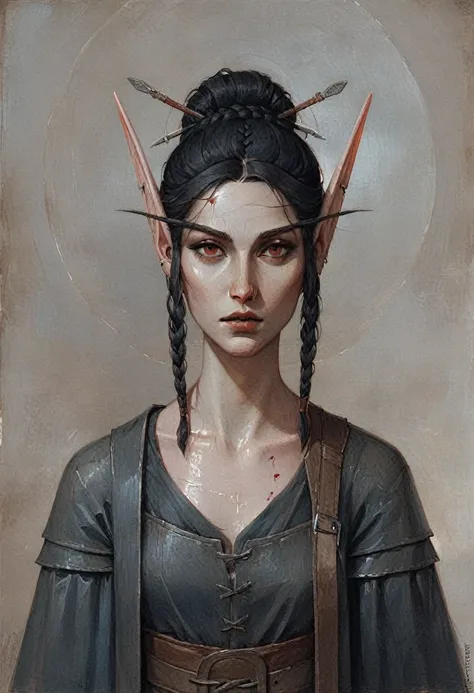 score_9, score_8_High up, score_7_High up, 1 girl, ((Dunmer)), skyrim, Ancient scrolls, blood elf, ((light pale and pink skin)), small dark lips, big red eyes, naughty big hyper_detailed big eyes, muted, black hair tied into a long swaying braid, round gir...