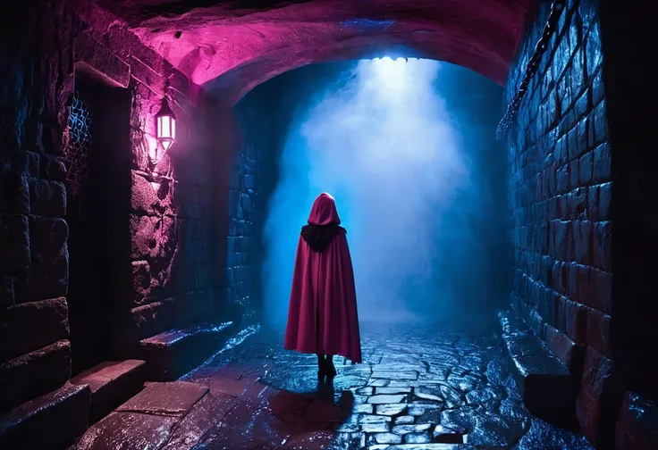 small cloaked girl explores dungeon, from behind, back shot, dark stone passage, fantasy dungeon, dim pink and blue lighting, white slime, mist, low contrast, dark, chains, stonework, enclosed passage, lurking creatures in the darkness, tense, erotic