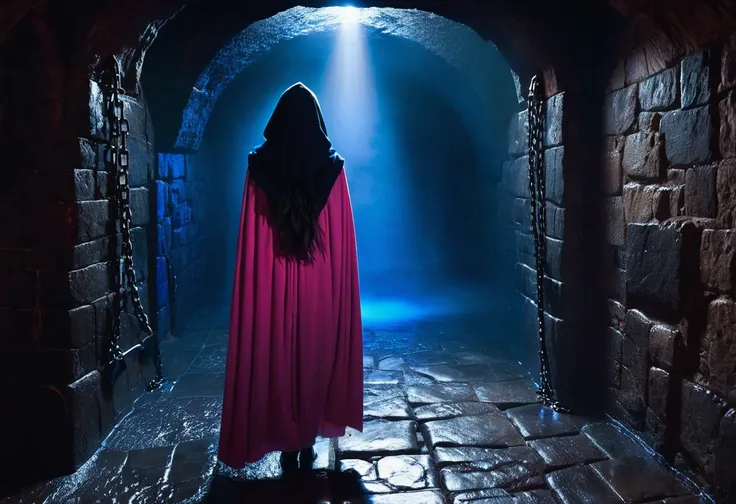 small cloaked girl explores dungeon, from behind, back shot, dark stone passage, fantasy dungeon, dim pink and blue lighting, white slime, mist, low contrast, dark, chains, stonework, enclosed passage, lurking creatures in the darkness, tense, erotic