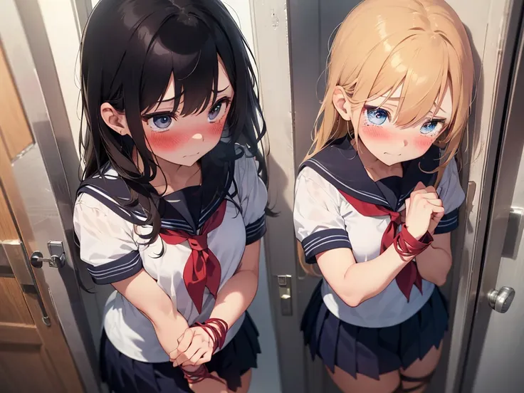 2 girls, shoved inside one locker, ((sailor uniform, short sleeve, tight clothing, miniskirt)), (blushing:1.5), (teary eyes:1.5)...