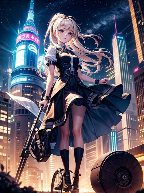 Highest quality,Highest Resolution,Girl from the future,２Traveling on a wheeled machine,Night City,