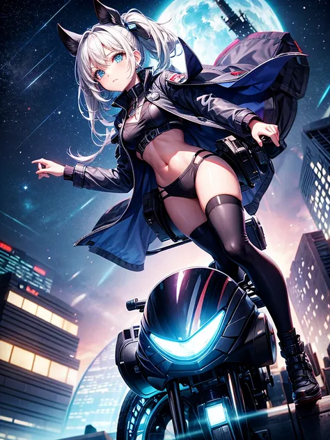 Highest quality,Highest Resolution,Girl from the future,２Traveling on a wheeled machine,Night City,