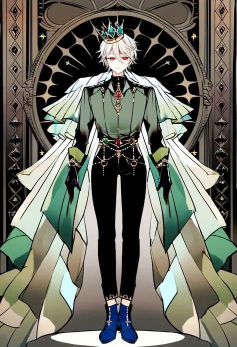 a boy a limegreen shirt, tumblr style black pants, Long white hair, and a brown layer,  a crown with aqua gems, red eye color, shoes (blue ankle boots), and gloves, (sonrrisa malebola) (whole body