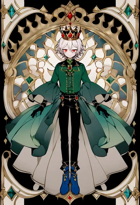 a boy a limegreen shirt, tumblr style black pants, Long white hair, and a brown layer,  a crown with aqua gems, red eye color, shoes (blue ankle boots), and gloves, (sonrrisa malebola) (whole body