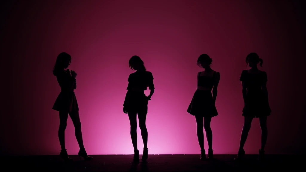 silhouette of three standing women, (line outline), dark pink background, ((high contrast)), facing viewer, cute (( like idol))
 