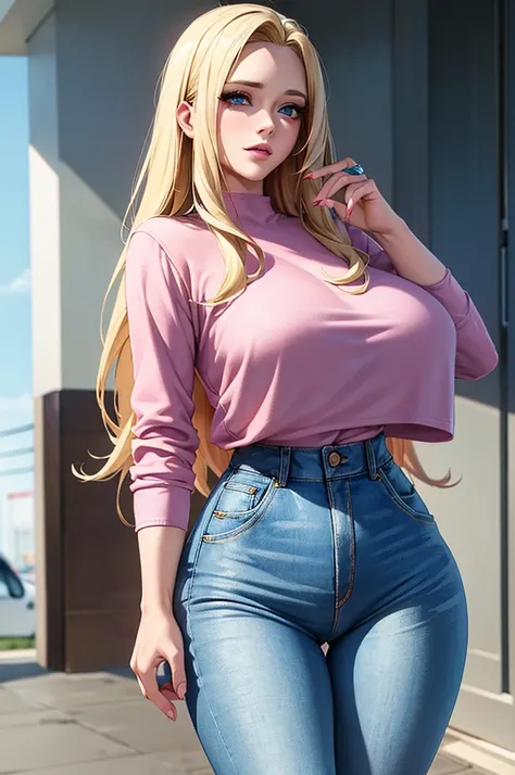 A female wearing clothing (incredibly detailed, beautiful face, pink lips, piece of art) tight jeans. She has blonde hair and blue eyes. The jeans are tight her cameltoe is visible
