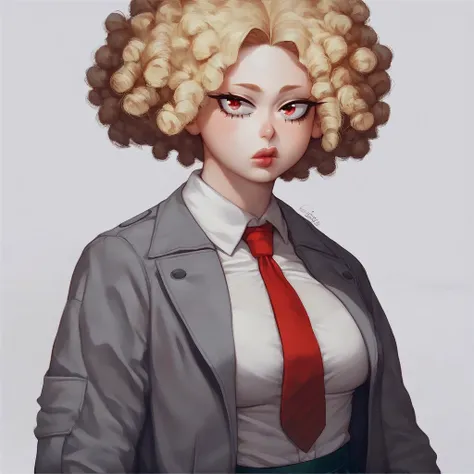 score_9, score_8_up, score_7_up, score_6_up, score_5_up, score_4_up, 1Girl, (/Boku no hero academia/), White skin, Short curly hair black, Red eyes with long eyelashes, Round cherry lips, Large breasts, Wide hips, Nail clothes, Gray jacket with red tie, Sk...