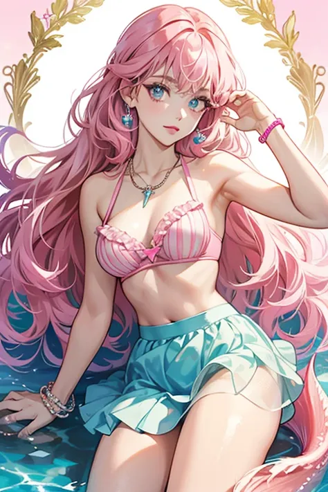 Splash Queen has pale brown skin and big, sparkly indigo eyes and pink lips. Her azure hair is partially shaved with a thick curly section framing the left of her head. she wears a light blue seashell bikini top, two hot pink and pale pink bracelets on her...