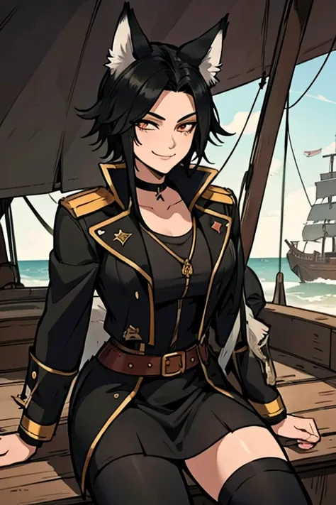 A black haired foxman with golden eyes with black fox ears and a black fox tail in a pirates uniform is sitting on a barrel with a big smile on a pirate ship