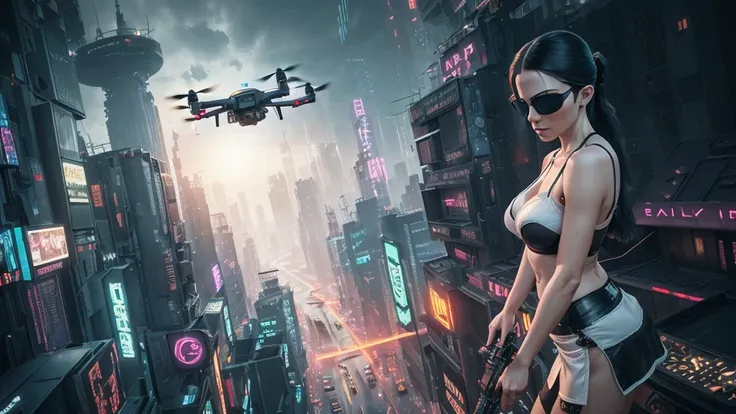 20-year old large-breast woman with cleavage:1.4, 1woman, solo, 3D neon art of a womans body, (with low angle view), (((((matrix style black micro sunglasses, black bra and very short black miniskirt, white G-string panty))))), (((aiming with a short gun))...