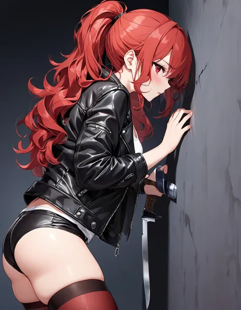 BREAK Perfect Anatomy、Highest quality、(cute:1.1)、(cute)、(High resolution:1.2)、Unbelievably absurd:1.3、Incredible illustrations、(cuteイラスト:1.2)、nsfw,（Beautiful background、Late Night、Bedroom、Red Curtain）、1gial(Red hair、strong wavy hair、ponytail）
,（leather jac...