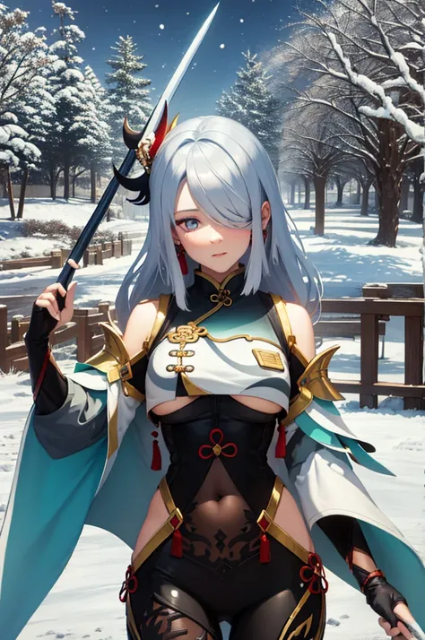 (highres), (absurdres), (best quality), (high quality), (masterpiece), 1girl, shenhe (genshin impact), long hair, silver hair, extra large breasts, hair over one eye, single braid, rainbow eyes, chinese clothes, polearm, holding polearm, (underboob cutout)...