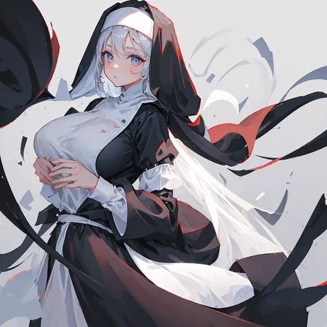 A girl，Dressed in black and white，nun，Dressed elegantly，Big breasts，((Pure white background))