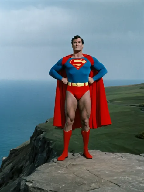 1970s, cold, cloudy sky, 70-year-old Superman, very broad shoulders, very protruding chest, very thick neck, arms and thighs that have gained fat, no abs, dull colored Superman costume, Superman mark spread out to the sides, small red briefs bulging, cape ...