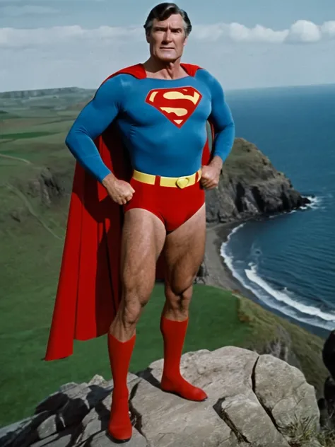 1970s, cold, cloudy sky, 70-year-old Superman, very broad shoulders, very protruding chest, very thick neck, arms and thighs that have gained fat, no abs, dull colored Superman costume, Superman mark spread out to the sides, small red briefs bulging, cape ...