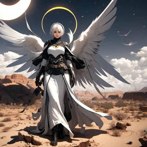 A female angel with black wings and white hair, in the middle of the desert, during an eclipse, during at night, character in the center of the image