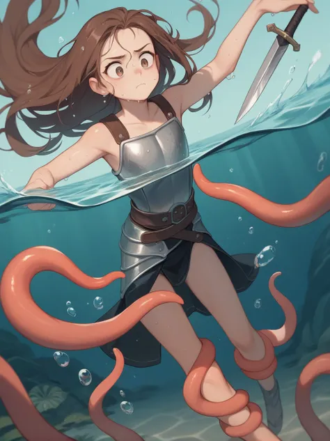 Partially underwater,最high quality,high quality, 4-year-old, , Long Hair, Brown Hair, Wet Hair, Flat Chest,Dark underground labyrinth,No light,Leather armor,Equipped with a dagger and a shield,Face above water,Body in water, Underwater Photography,The robe...