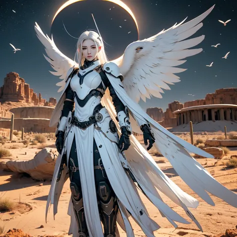 A female angel with black wings and white hair, in the middle of the desert, during an eclipse, during at night, character in the center of the image