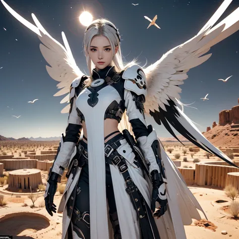 A female angel with black wings and white hair, in the middle of the desert, during an eclipse, during at night, character in the center of the image