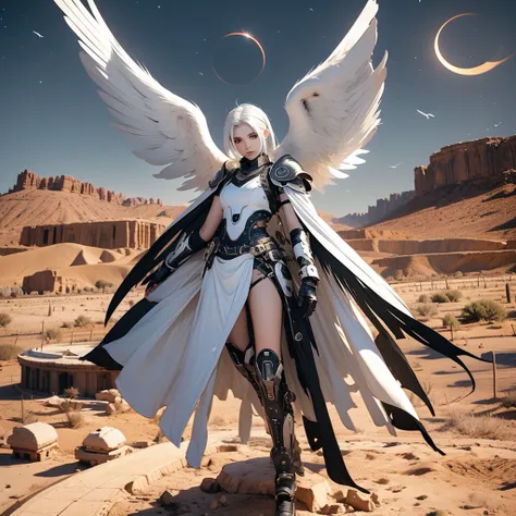 A female angel with black wings and white hair, in the middle of the desert, during an eclipse, during at night, character in the center of the image