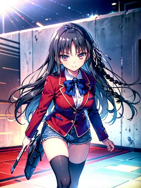 (8K, Highest quality, Highest quality, masterpiece), aasuzune, long hair, black hair, (single braid:1.2), hair ribbon, red jacket, blazer, blue bowtie, long sleeves, black thighhighs, smile, denim hot shorts, mini shorts, big breasts