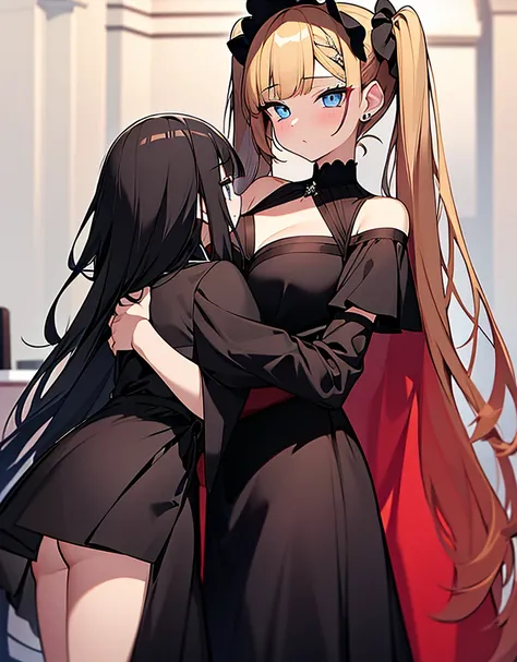 an adult girl, She has two pigtails falling over her shoulders, decorated with black ribbons, SHE HAS BLONDE HAIR, blue eyes and a very elegant and very long black dress for a gala dinner with a cut that allows her to show her leg, wears beautiful evening ...