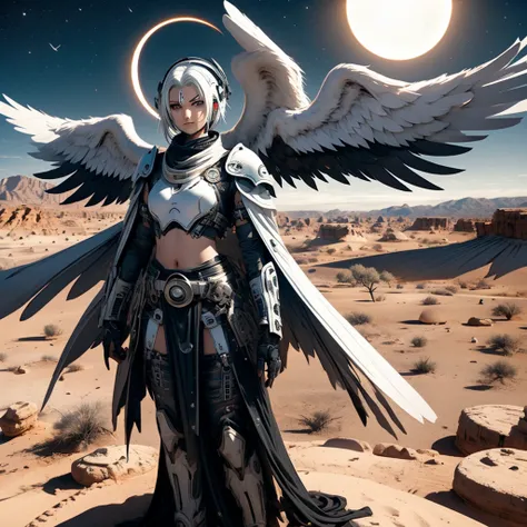 a female angel with black wings and white hair, in the middle of the desert, during an eclipse, during at night, character in th...