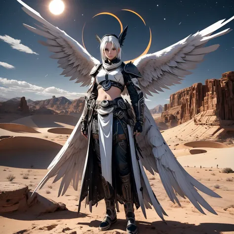 a female angel with black wings and white hair, in the middle of the desert, during an eclipse, during at night, character in th...