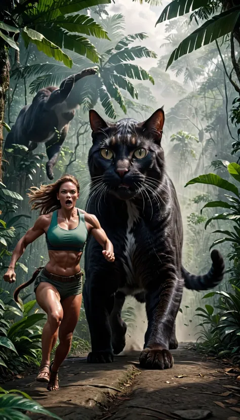 realistic details, high details, 4k, cinematic shot, a muscular giant cat chasing a woman in jungle