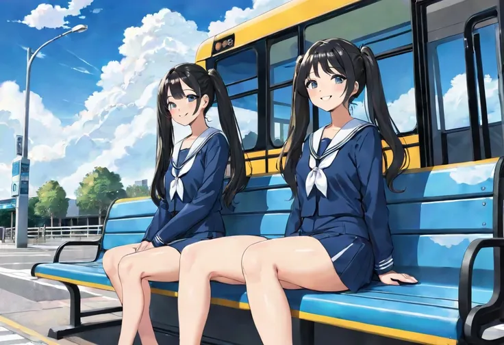 Black long hair、Two beautiful girls with twin tails、Sailor suit、Bright smile、Full Body View、Sitting on a bench at the bus stop waiting for the bus、I can see the bus、White clouds in blue sky、Face Highlights