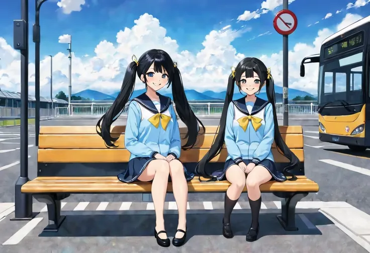 Black long hair、Two beautiful girls with twin tails、Sailor suit、Bright smile、Full Body View、Sitting on a bench at the bus stop waiting for the bus、I can see the bus、White clouds in blue sky、Face Highlights