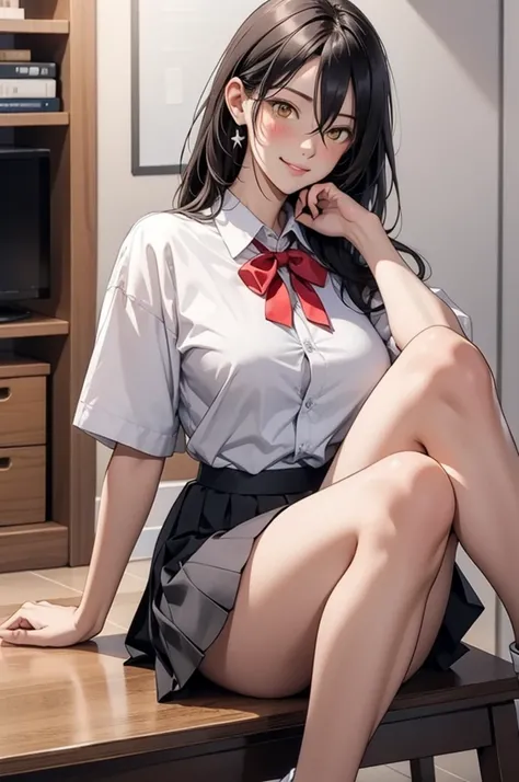 1girl, bare legs, black hair, blush, bow, bowtie, closed mouth, collared shirt, dress shirt, flashing, white shirt, hair between eyes, indoors, knee up, lips, long hair, looking at viewer, miniskirt, pleated skirt, red ribbon, reflection, , shiny skin, shi...