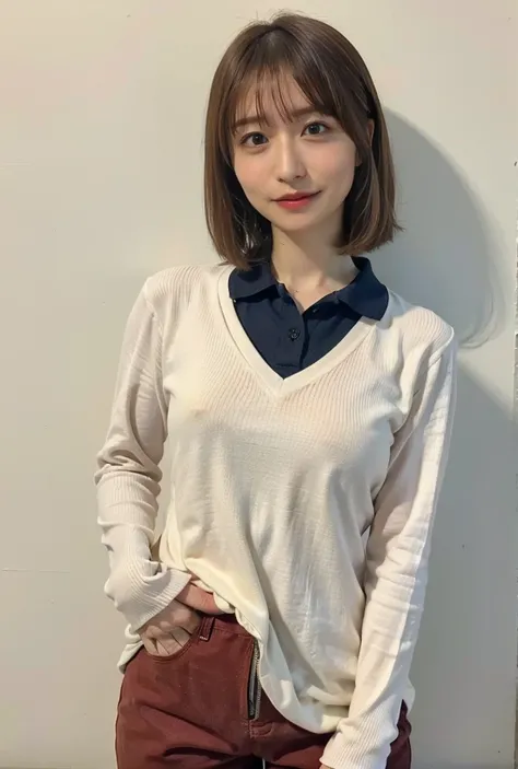 ((Are standing、Medium Short Hair、服の上からでもわかるBig Breasts、Both hands are in front of the navel、A photo showing pants through a short polo shirt、roll up one&#39;s shirt with one&#39;s hands、She is wearing a white polo shirt and luxurious white panties.、:1.4))、...