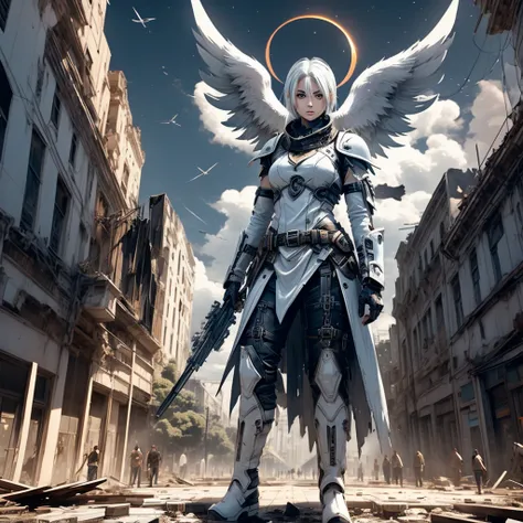 a female angel with black wings and white hair, in a destroyed city, during an eclipse, during at night, character in the center...