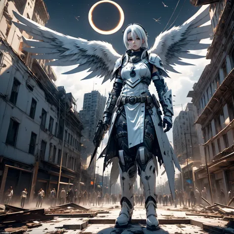 a female angel with black wings and white hair, in a destroyed city, during an eclipse, during at night, character in the center...