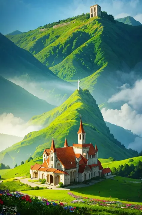 Medieval Catholic church on the mountain, View of the sea, surrounded by lush vegetation in a valley of flowers, rise sun, with rays of light, slightly misty day, Ultra -HD, 真实感, cinematic light, detailed back ground, swirly vibrant colors, conceptual artw...