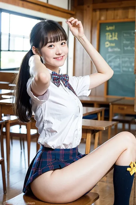 girl taking off blue skirt in sunny wooden school classroom,white shirt with plaid bow tie,white thong,18-year-old,bangs,a little smile,thighs,knees,short hair with low pigtails bunches,from beside,front light