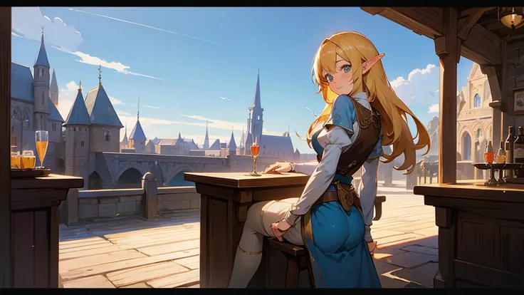 Anime Style,Nostalgic,Detailed background,The medieval world,A lively bar with lots of people,Beautiful sky,A beautiful bard elf girl looking back at me,Protruding buttocks