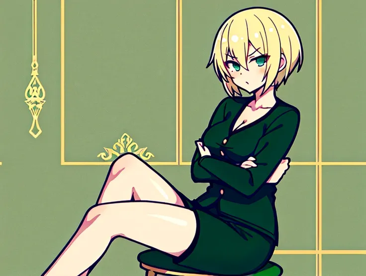 female　Green clothes　Short Hair　Blonde　anime　Sitting with legs crossed　Bad mood