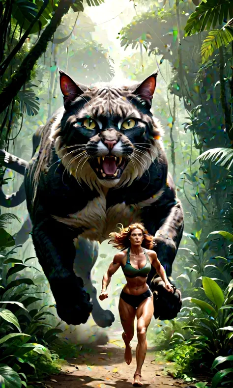 Realistic, high details, 4k, cinematic shot, A muscular giant cat chasing a woman in jungle