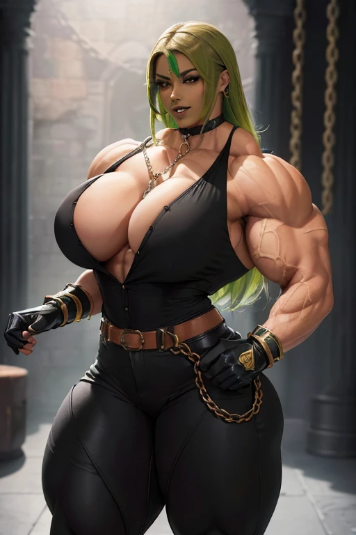 (((Massive tall, beautiful, buff, light brown skinned muscular woman with green hair, black lipstick, ginormous bulky muscles, surrounded by chains and wearing a beautiful black unbuttoned blouse with a beautiful black tight pants))), (close view), massive...