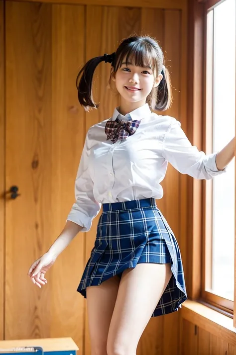 girls taking off blue skirt in sunny wooden school classroom,white shirt with plaid bow tie,white thong,18-year-old,bangs,a little smile,thighs,knees,short hair with low pigtails bunches,from beside,front light