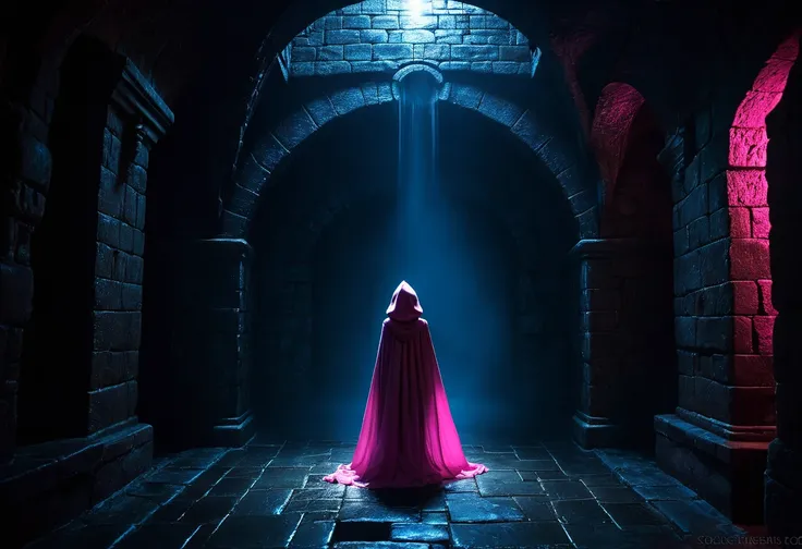 small cloaked girl explores dungeon, from behind, back shot, dark stone passage, fantasy dungeon, dim pink and blue lighting, white slime, mist, low contrast, dark, chains, stonework, enclosed passage, lurking creatures in the darkness, tense, erotic